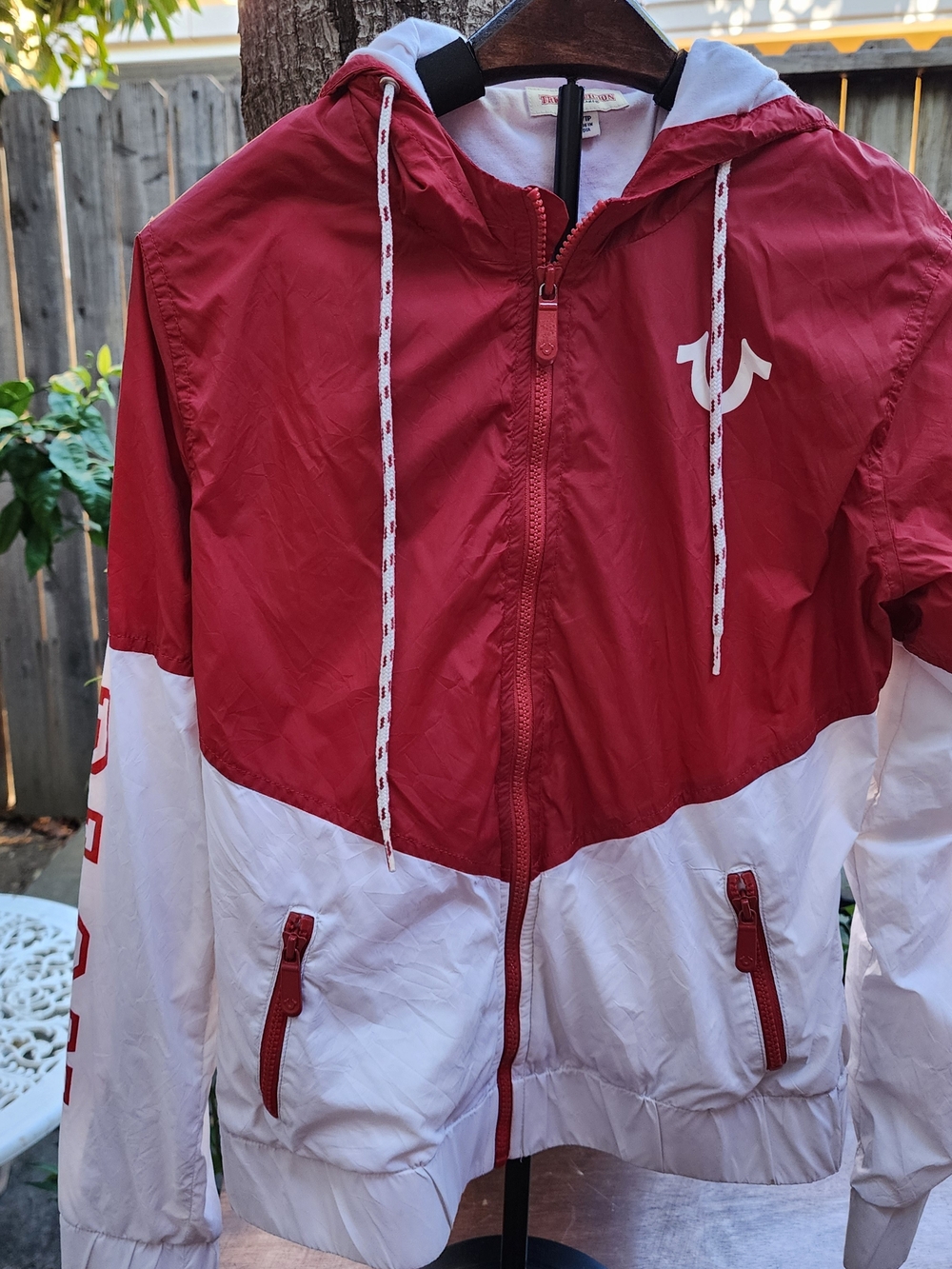 True Religion Hooded Windbreaker Jacket Red White Colorblock Logo XS